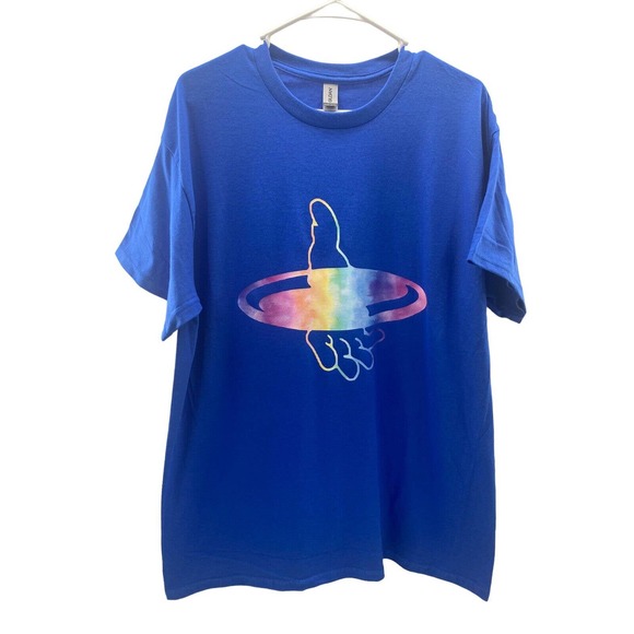 Disc Golf Shirt DISC In Hand Throwing Rainbow Vinyl Custom Logo L T-Shirt BLUE - Picture 7 of 7